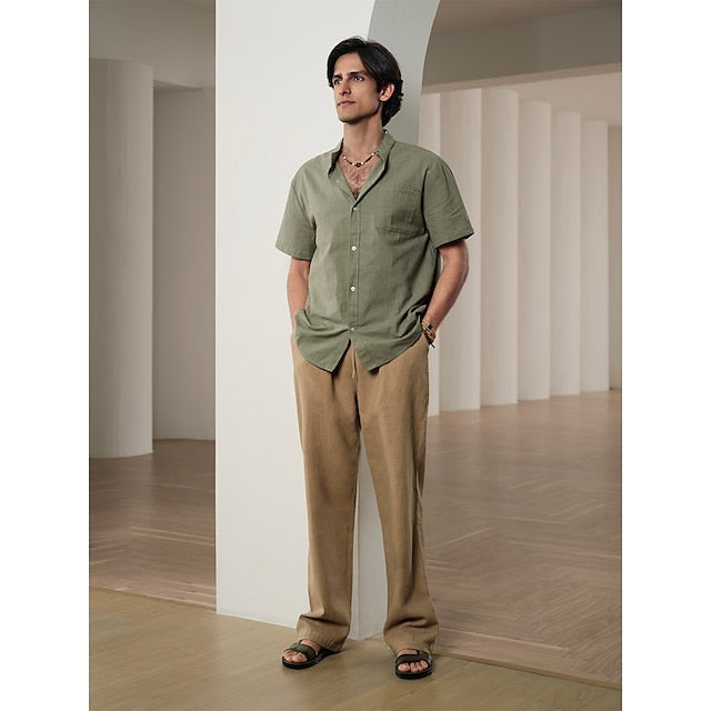 Linen Men's Casual Up Shirt Cotton Button