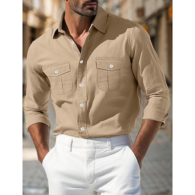 White Light Button Men's Casual Shirt Up Black