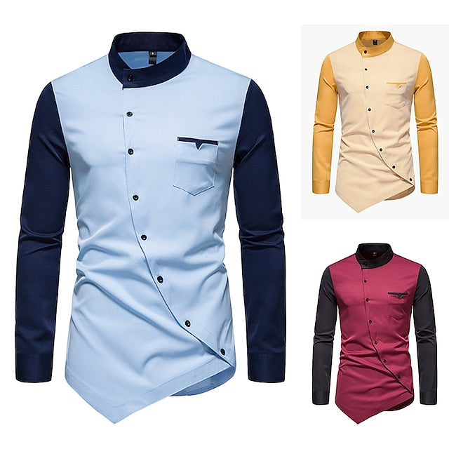 Block Wine Yellow Color Collar Stand Shirt Blue Plus Men's