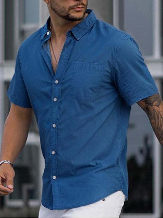 Blue Men's Casual Denim Up Short Shirt Button