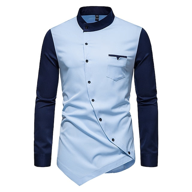Block Wine Yellow Color Collar Stand Shirt Blue Plus Men's