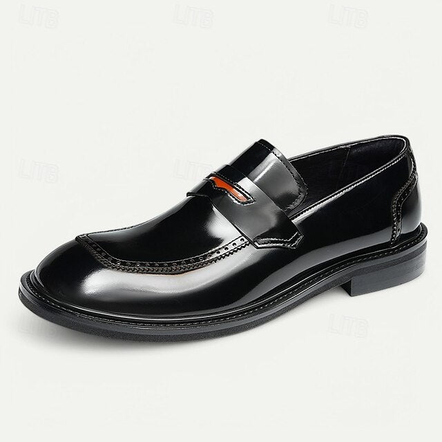Black Men's Decorative Cowhide Premium Slip-On Loafers with