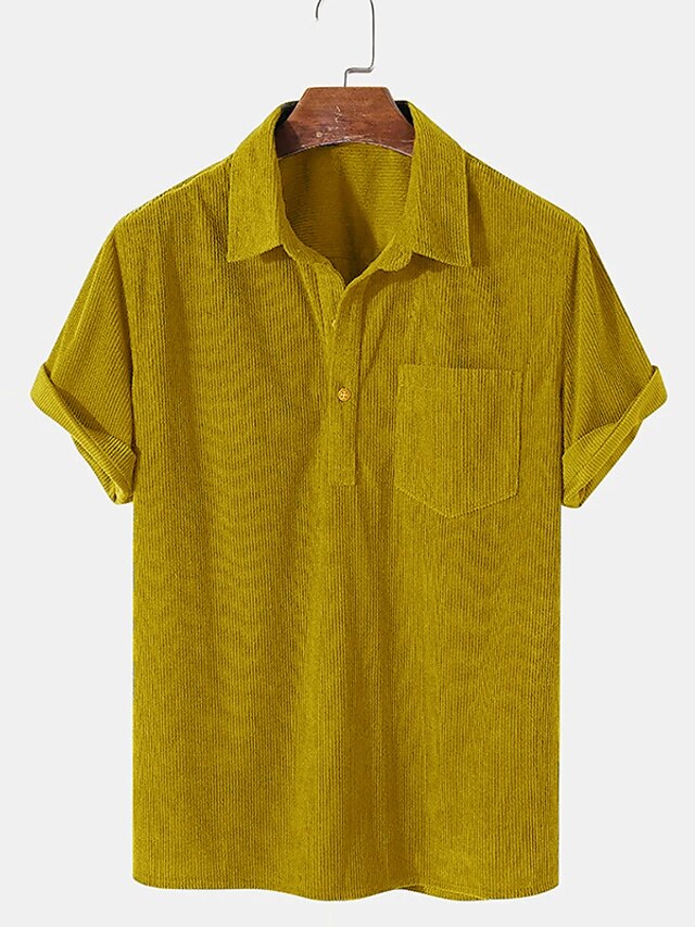 Black Casual Men's Shirt Up Button Corduroy
