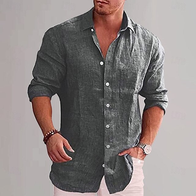 Wine Shirt Cotton Plain Men's Linen Black White Vacation