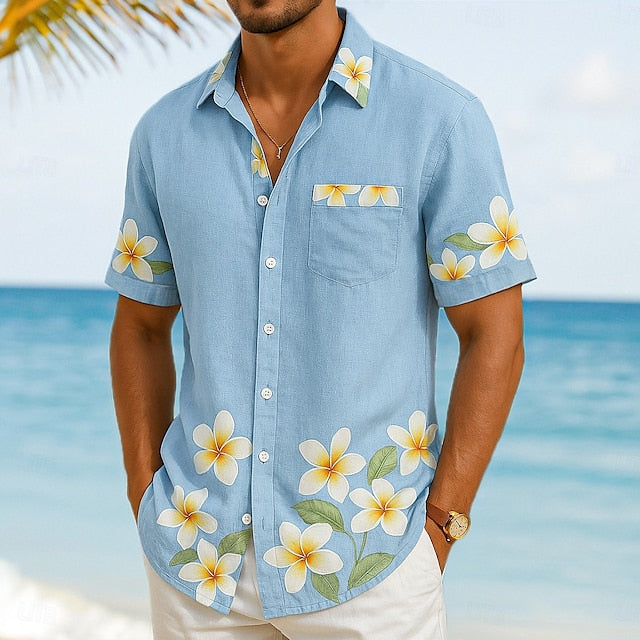 Summer Men's Button Linen Beach Hawaiian Shirt Wear