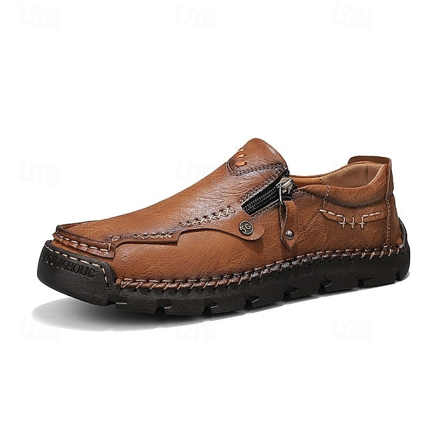 Faux Loafers Leather Brown Slip-On with Side Men's Zipper