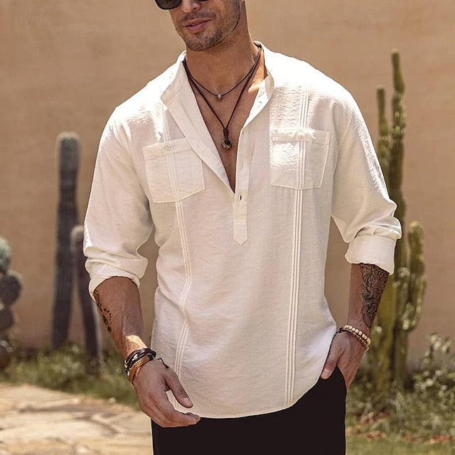 Men's Shirt Beach Button Up Wear Summer Linen