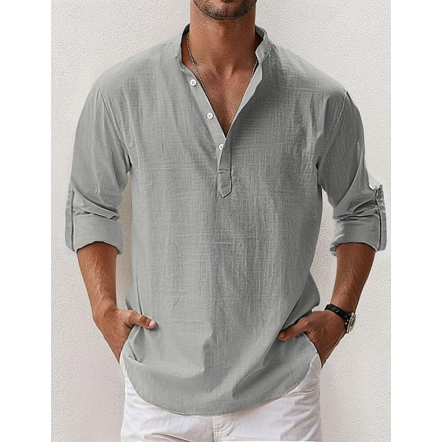 Band Linen Collar Popover Shirt Summer Men's