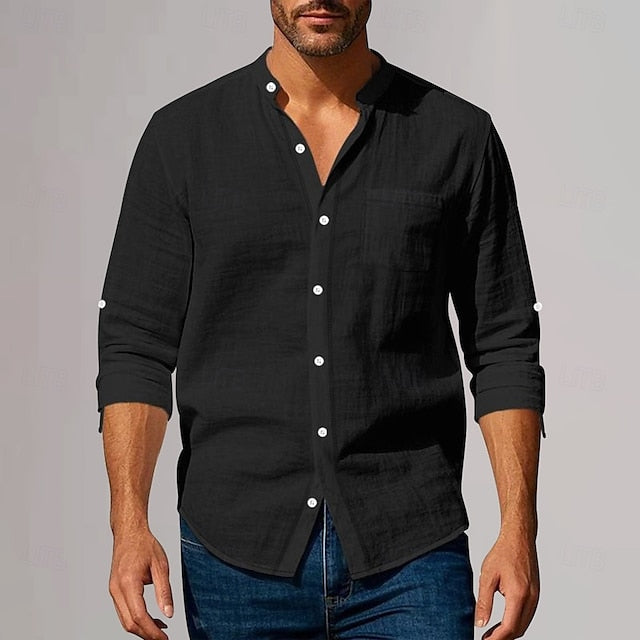 Shirt Vacation Men's Linen Cotton Plain Neck Plunging Beach