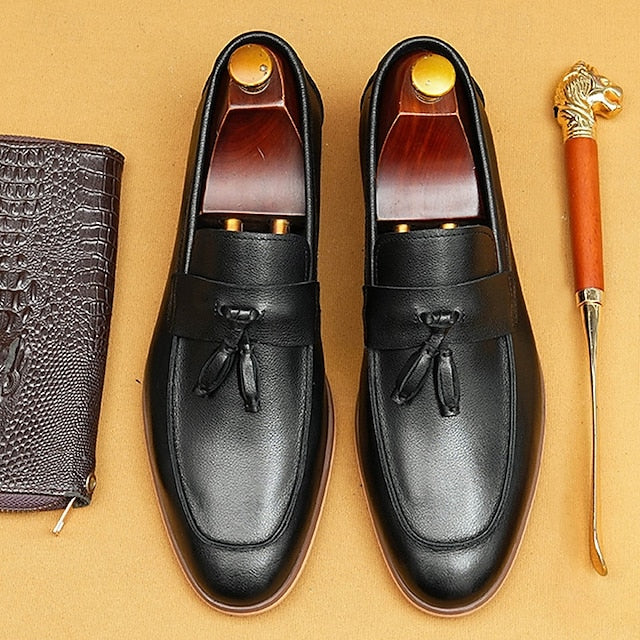 Leather Elegant Loafers Men's Tassel Genuine Slip-On -