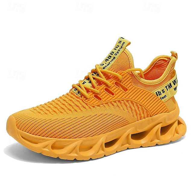 Elastic Sneakers Neon Yellow Knit Men's Sports with Upper