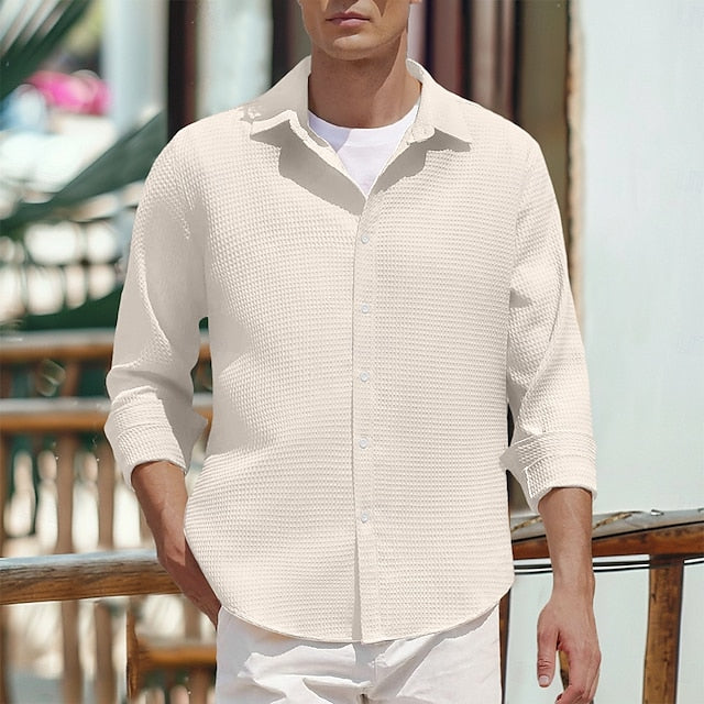 Casual Button Shirt Black Waffle Up Men's