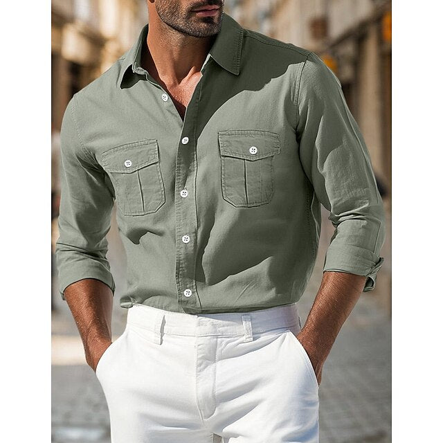 White Light Button Men's Casual Shirt Up Black