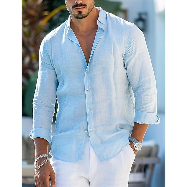 Summer Men's Shirt Up Button Linen Beach Wear