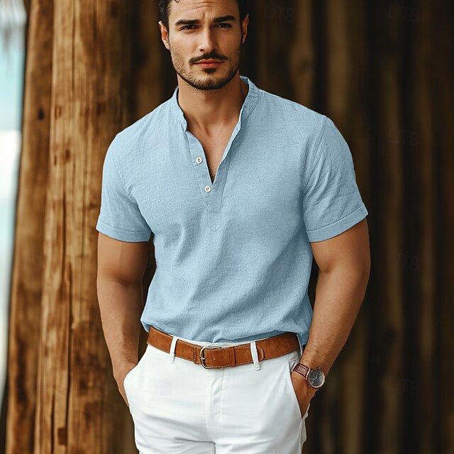 Collar Linen Shirt Popover Men's Band