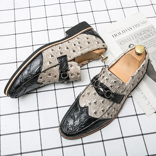 Brown – Men's Loafers Pattern Ostrich with Suede Faux