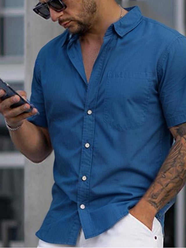 Blue Men's Casual Denim Up Short Shirt Button