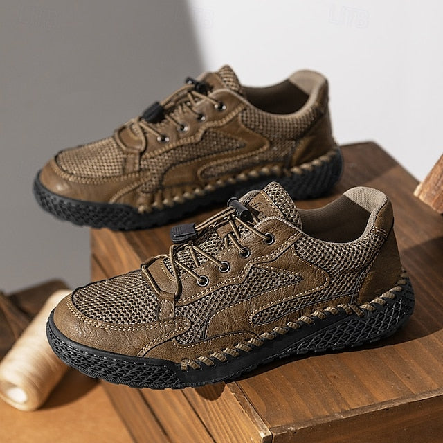 Men's Tan Breathable Mesh Lace-up with Design Sneakers