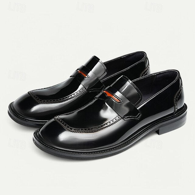 Black Men's Decorative Cowhide Premium Slip-On Loafers with