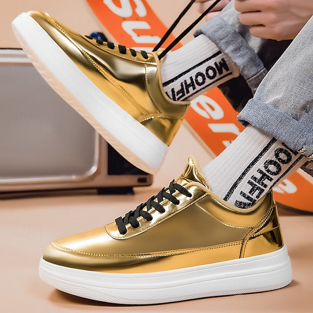 Stylish Gold Sneakers Low-Top – Men's Lace-Up Metallic