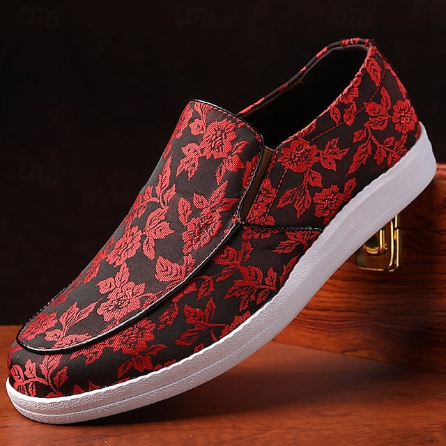 Slip-On Men's – Jacquard Loafers Floral Black Red and