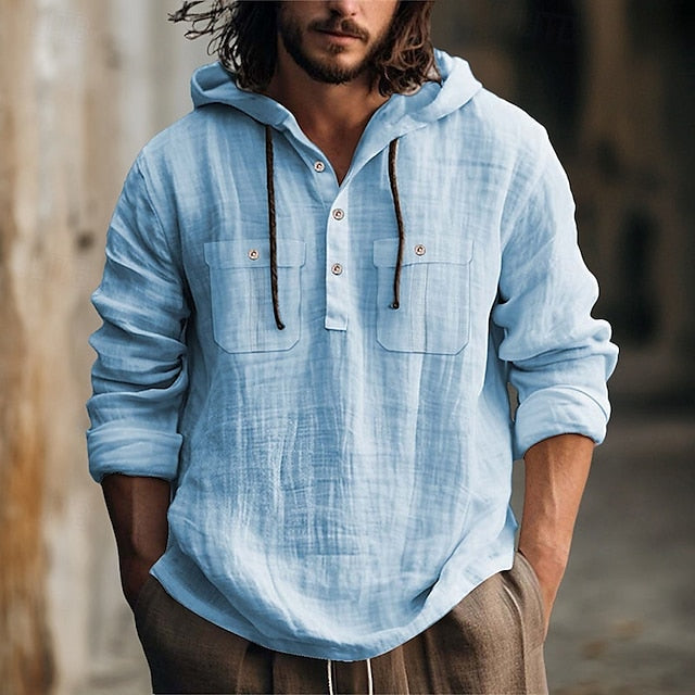 Shirt Hooded Men's Linen Summer Beach