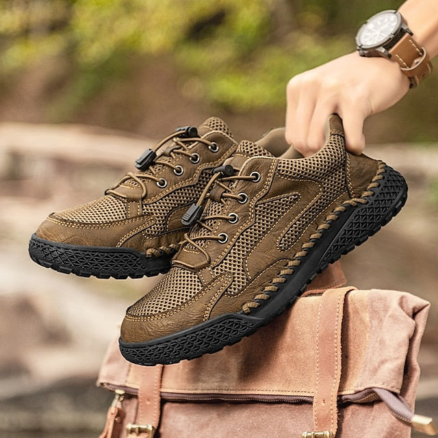 Men's Tan Breathable Mesh Lace-up with Design Sneakers