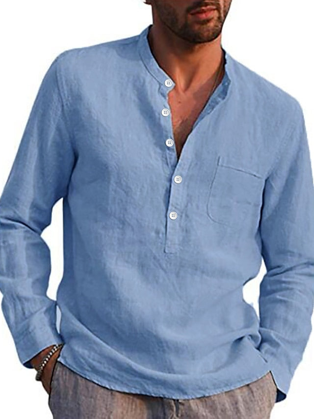 Linen Men's Shirt Wear Summer Collar Band Beach