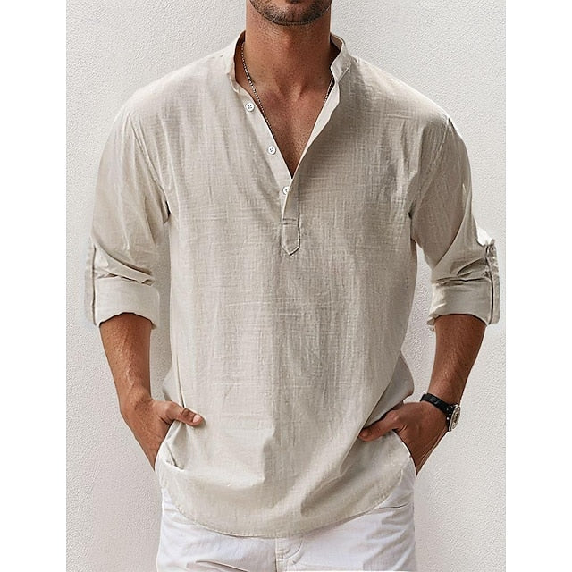Band Linen Collar Popover Shirt Summer Men's