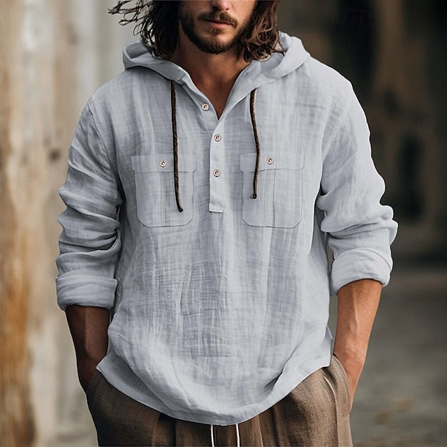 Shirt Hooded Men's Linen Summer Beach