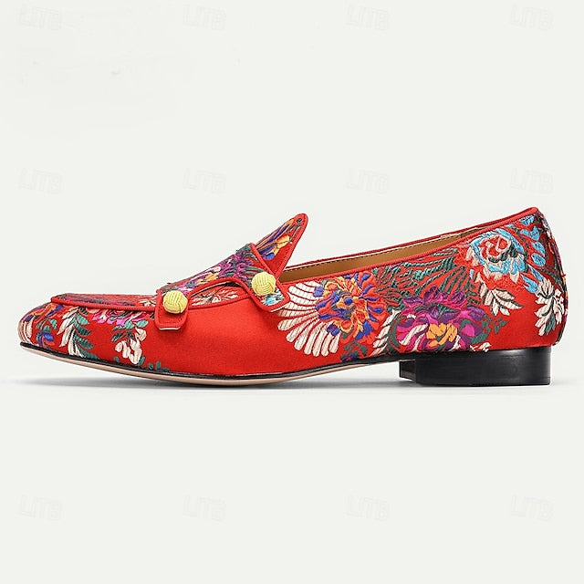 Cowhide with Embroidery Mules Red and Premium Floral Men's