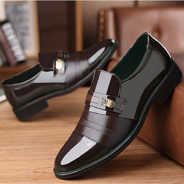 Brown Faux with Men's Patent Dress Loafers Leather