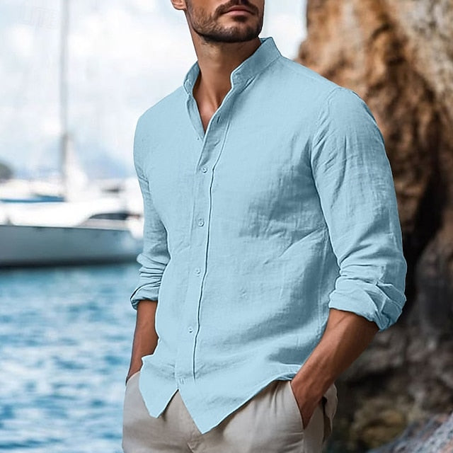 Summer Collar Linen Band Men's Shirt