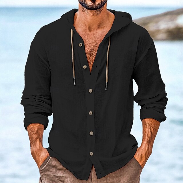 Hooded Linen Men's Button Beach Shirt Up Wear