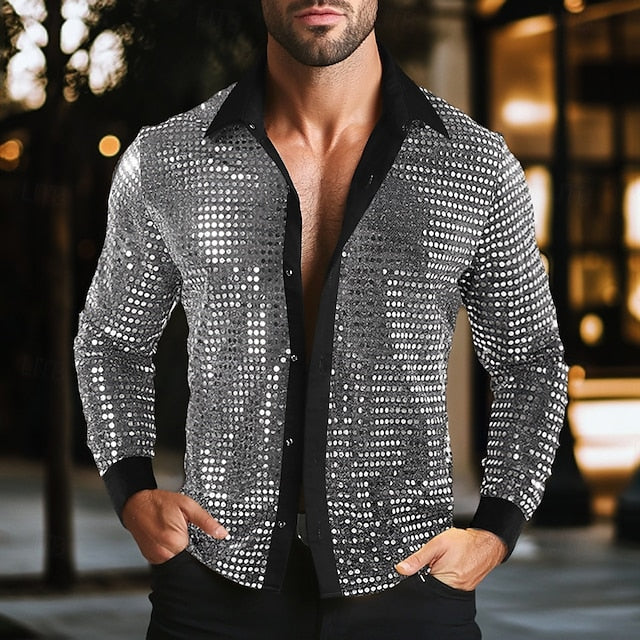 Long Men's Gold Disco Black Silver Shirt Prom