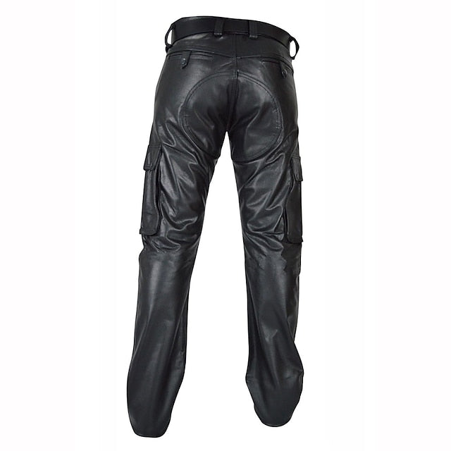Leather Plain Casual Men's Pants Trousers Pocket Faux