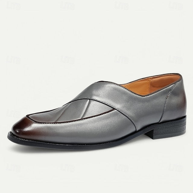 Loafers Men's Slip-On Strap - Cross Handmade Gray Leather