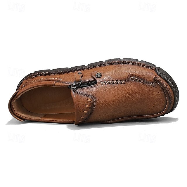 Faux Loafers Leather Brown Slip-On with Side Men's Zipper