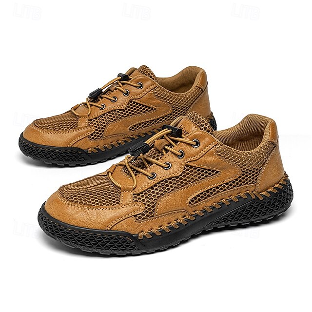 Men's Tan Breathable Mesh Lace-up with Design Sneakers