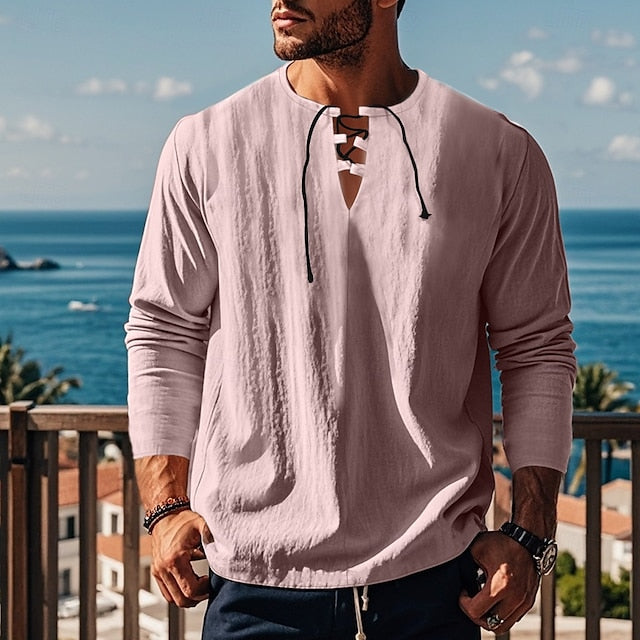 Cotton Linen Shirt Beach Plain Men's Summer
