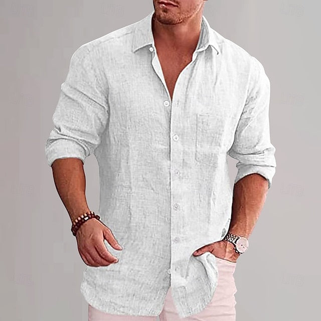Wine Shirt Cotton Plain Men's Linen Black White Vacation