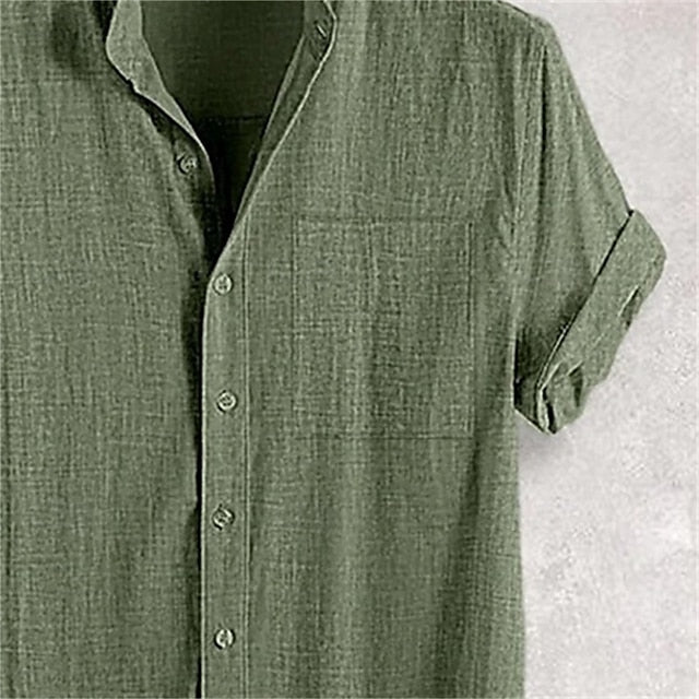Plain Men's Band Casual Shirt Linen Collar