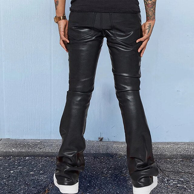 Pocket Casual Pants Men's Plain Faux Trousers Leather