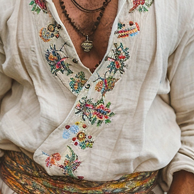 Linen Shirt Floral Casual Men's Cotton