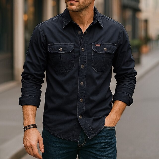 Dark Work Men's Navy Button Shirt Up Casual