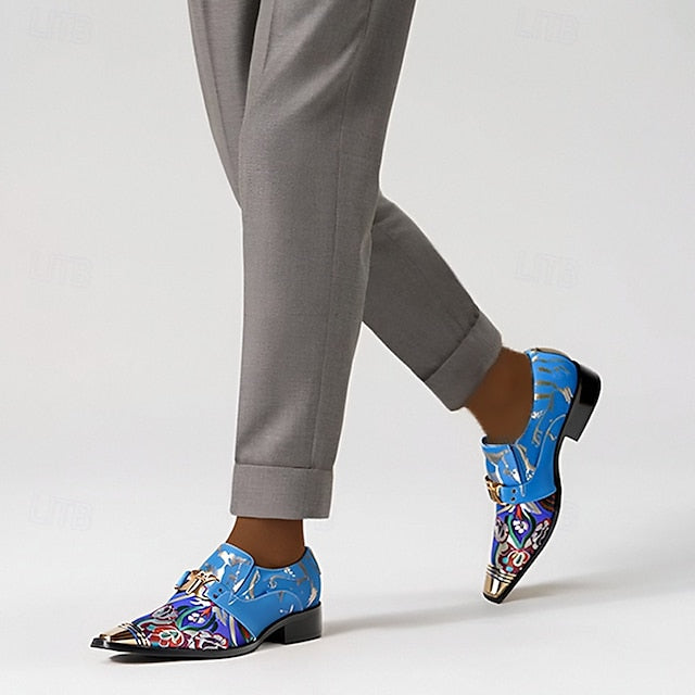 Cowhide Men's Leather Loafers with Floral Pattern Blue