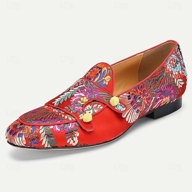 Cowhide with Embroidery Mules Red and Premium Floral Men's