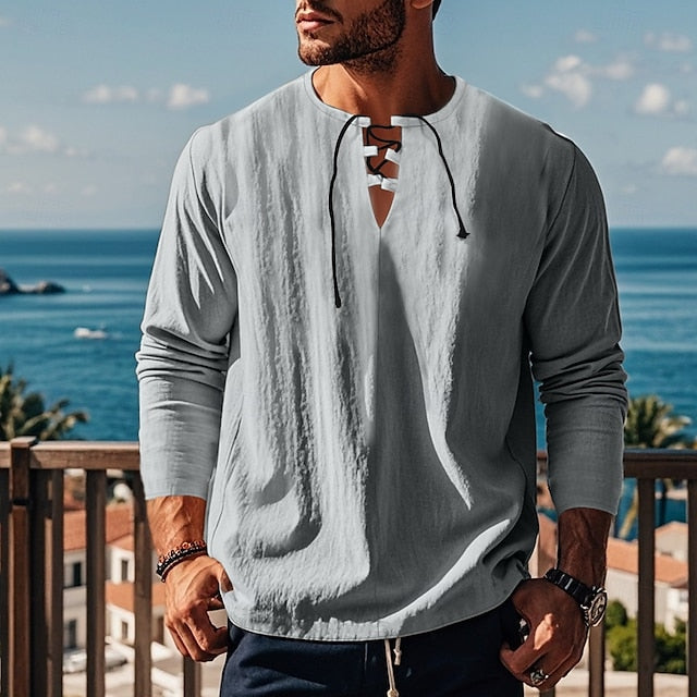 Cotton Linen Shirt Beach Plain Men's Summer