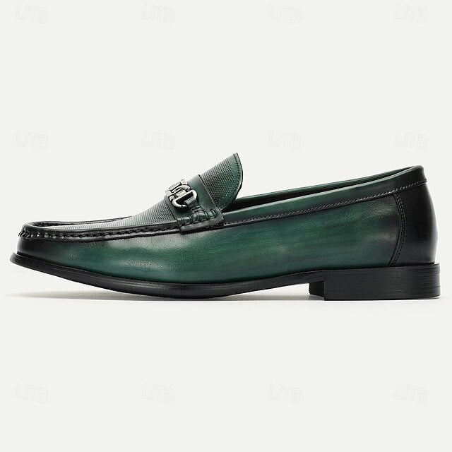 Cowhide Leather Premium Green Loafers Men's with – Metal