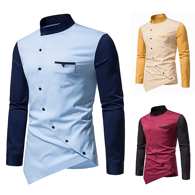 Block Wine Yellow Color Collar Stand Shirt Blue Plus Men's